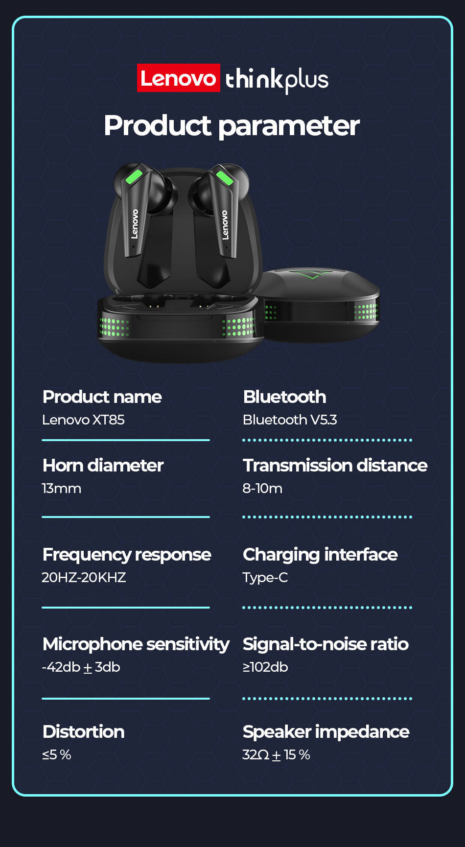 Lenovo Thinkplus XT85 TWS Bluetooth Earbuds Gaming/Music