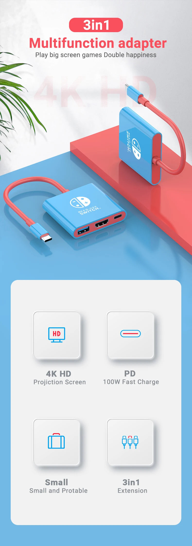 Portable TYPE-C Hub for Nintendo Switch with HDMI and USB 3.0, perfect for travel and gaming