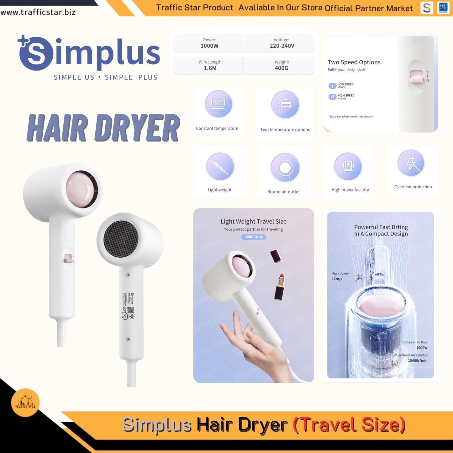 Simplus Hair Dryer Portable Quick Drying 2 Speed Hair Styling Tool