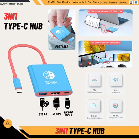Portable TYPE-C Hub for Nintendo Switch with HDMI and USB 3.0, perfect for travel and gaming