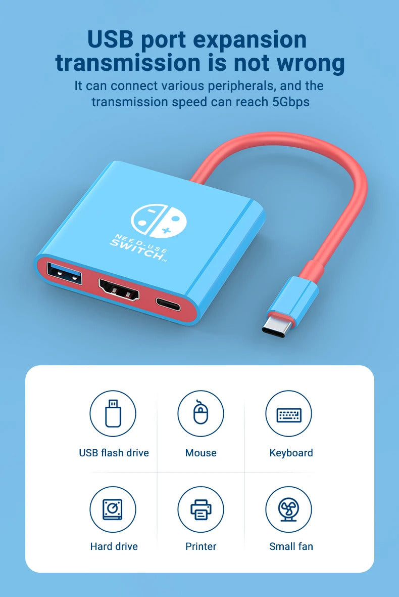 Portable TYPE-C Hub for Nintendo Switch with HDMI and USB 3.0, perfect for travel and gaming