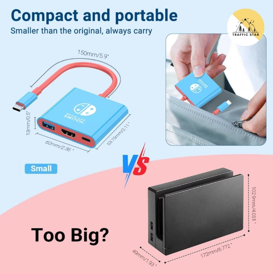 Portable TYPE-C Hub for Nintendo Switch with HDMI and USB 3.0, perfect for travel and gaming