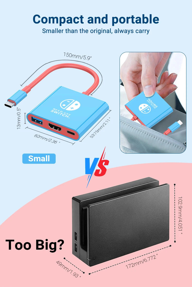 Portable TYPE-C Hub for Nintendo Switch with HDMI and USB 3.0, perfect for travel and gaming