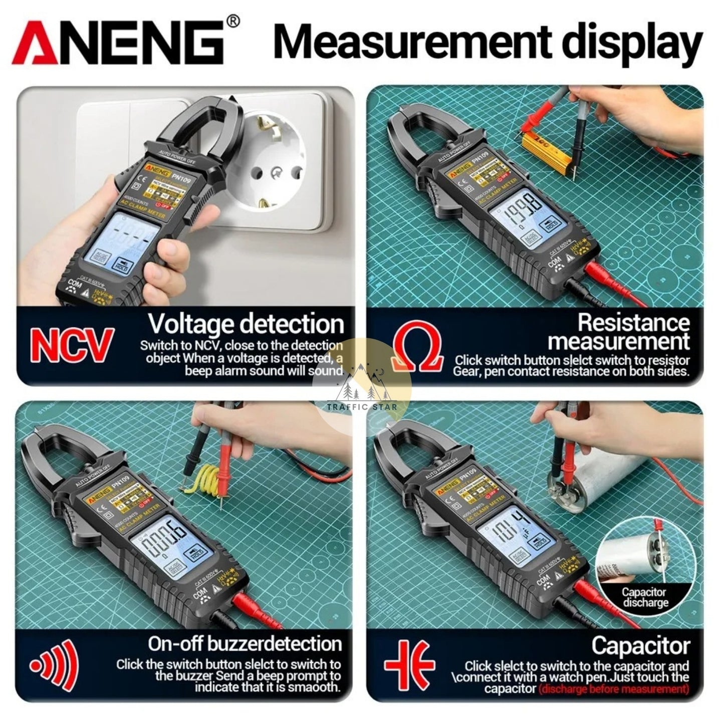 ANENG PN109 Ammeter 4000 Counts 600V AC/DC Voltage Tester 600A Hz Capacitance NCV Ohm Test Tool Smart Clamp Meter Multimeter