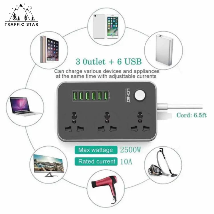 LDNIO SC3604 Multi-Purpose Power Strip, 3 Outlets 6 USB Ports