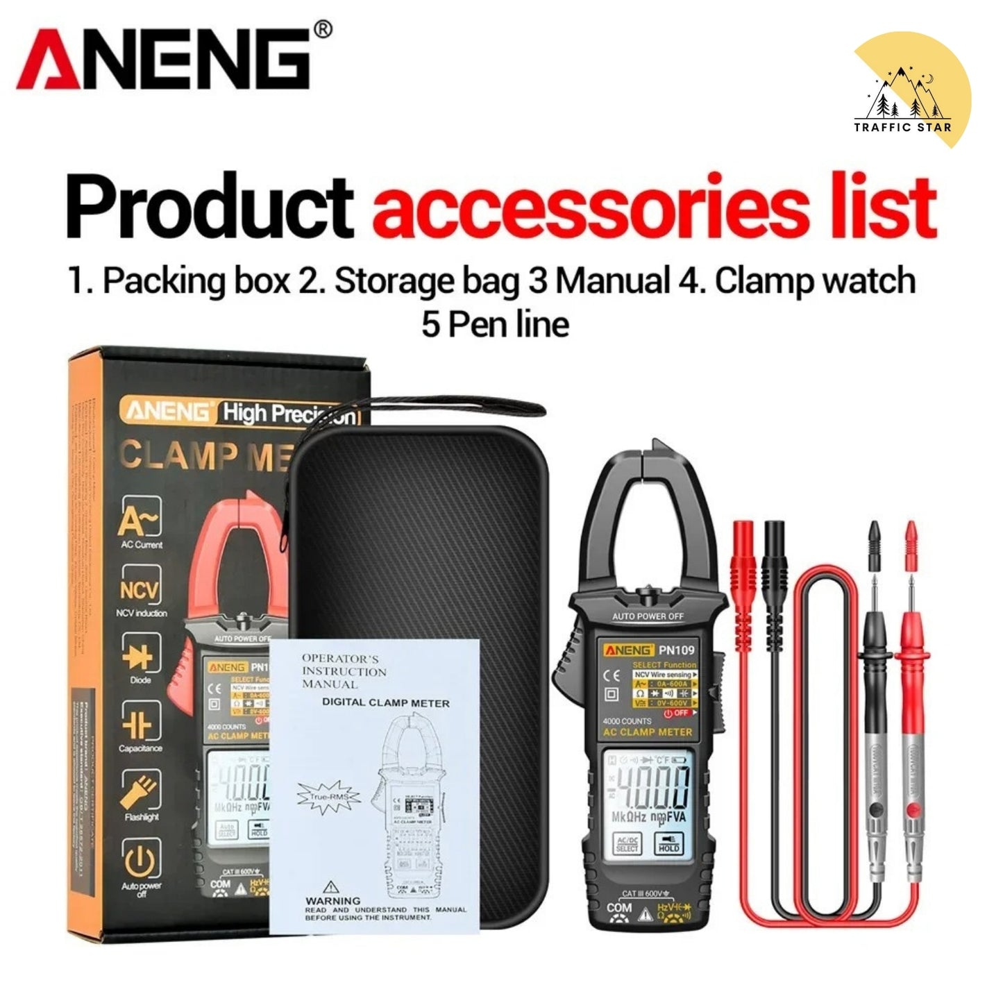 ANENG PN109 Ammeter 4000 Counts 600V AC/DC Voltage Tester 600A Hz Capacitance NCV Ohm Test Tool Smart Clamp Meter Multimeter