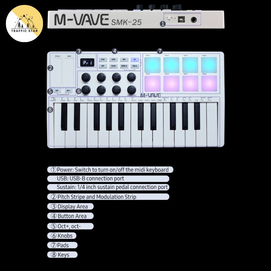 25-Key MIDI Controller Portable Mini Keyboard USB Piano 8 RGB Backlit Pads 8 Knobs