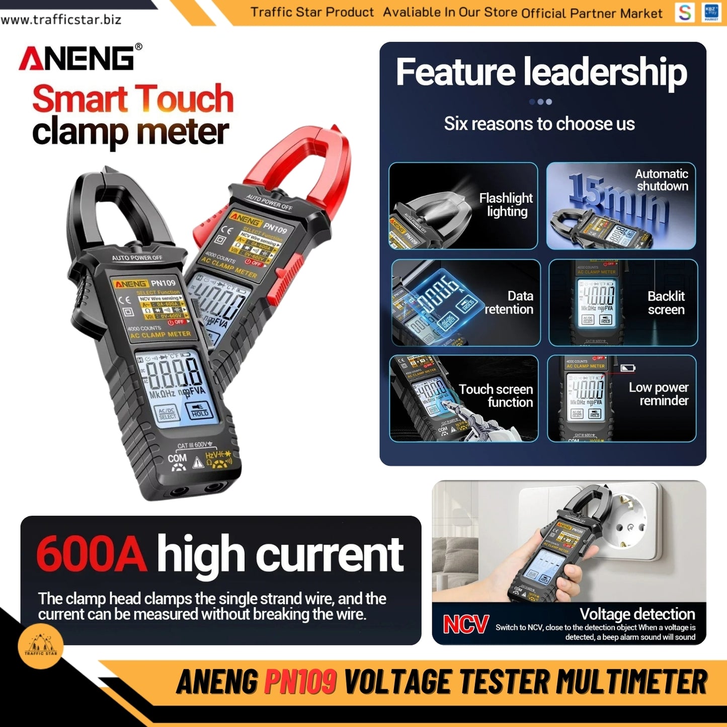 ANENG PN109 Ammeter 4000 Counts 600V AC/DC Voltage Tester 600A Hz Capacitance NCV Ohm Test Tool Smart Clamp Meter Multimeter