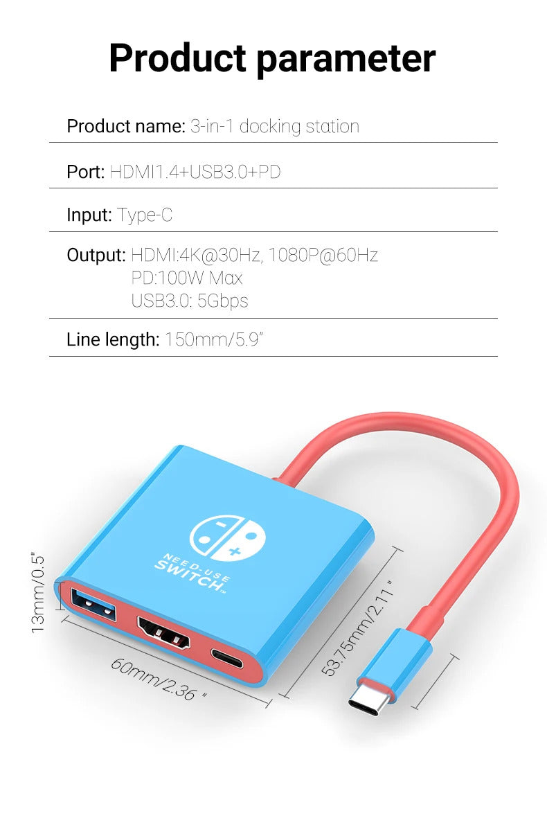 Portable TYPE-C Hub for Nintendo Switch with HDMI and USB 3.0, perfect for travel and gaming