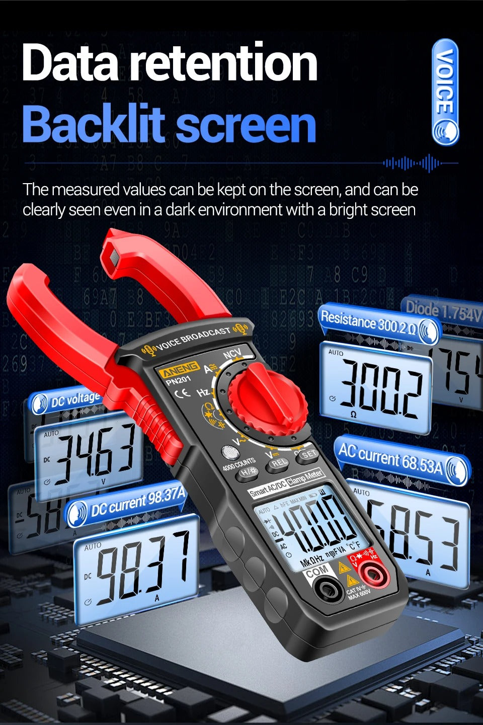 ANENG PN201 Digital Clamp Meters Multimeter 4000 Counts DC/AC Current Voltage Tester Multimeter NCV Ohm Capacitance Test Tool