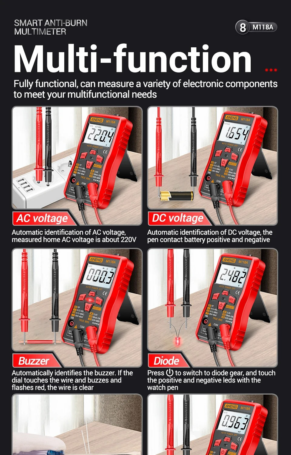 ANENG M118A Digital Mini Multimeter Tester 6000 Counts Mmultimetro True Rms Tranistor with NCV Data Hold Flashlight
