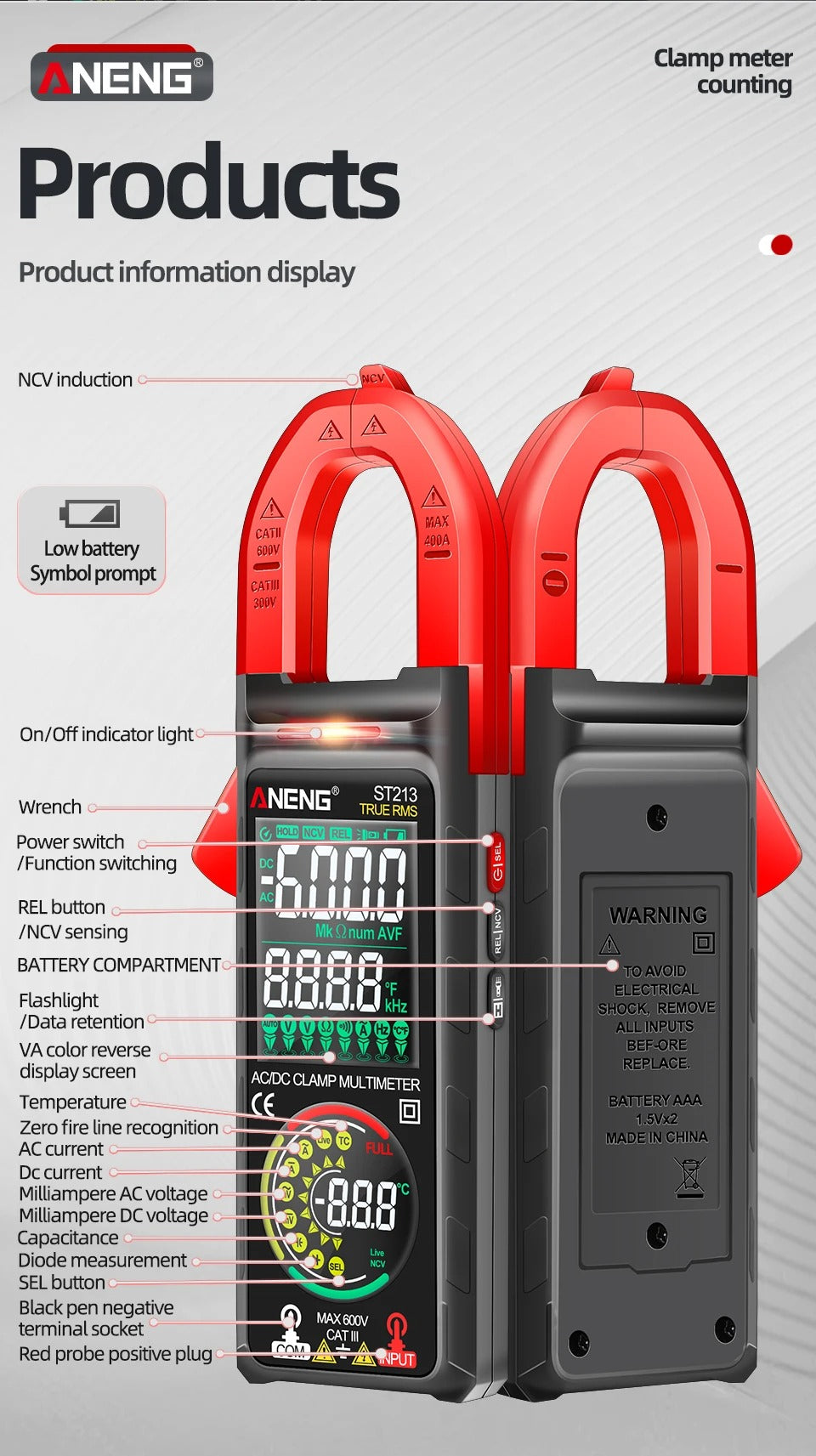 ANENG ST213 VA Clamp Meter Color Display Reverse Multimeter CAT III 6000 Counts True RMS Tester DC/AC Voltage Current Meter