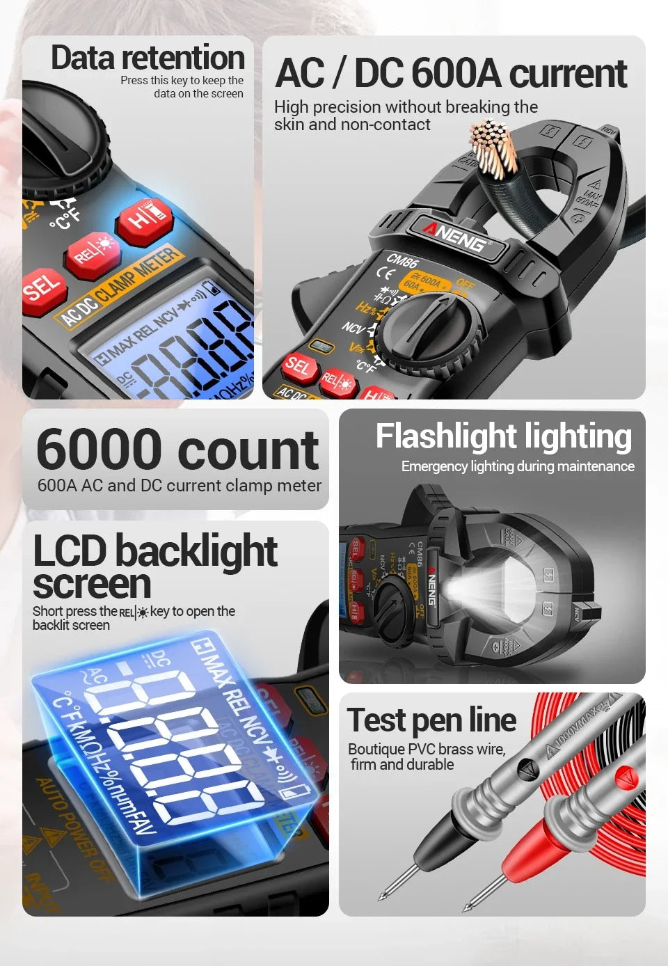 ANENG CM86 Clamp Meter 600A AC/DC Voltage Diode Digital Multimeter NCV Voltage Detection Professional Electrician Tools