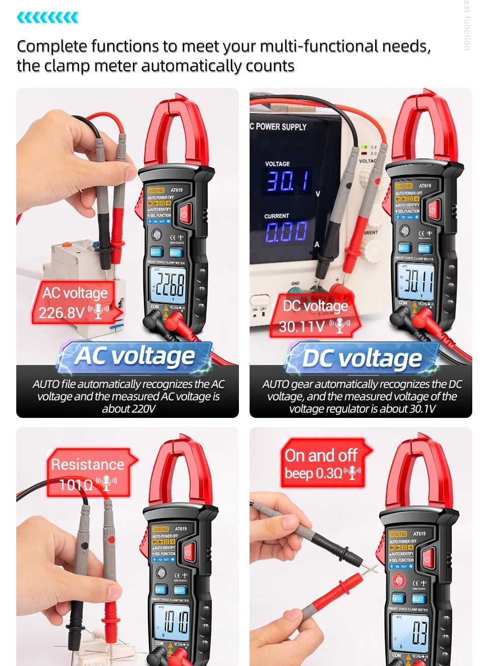 Aneng AT619 AC Voltage Meter, Current Tester Multimeter Ammeter Voltage Meter Car Capacitance Clamp Meter