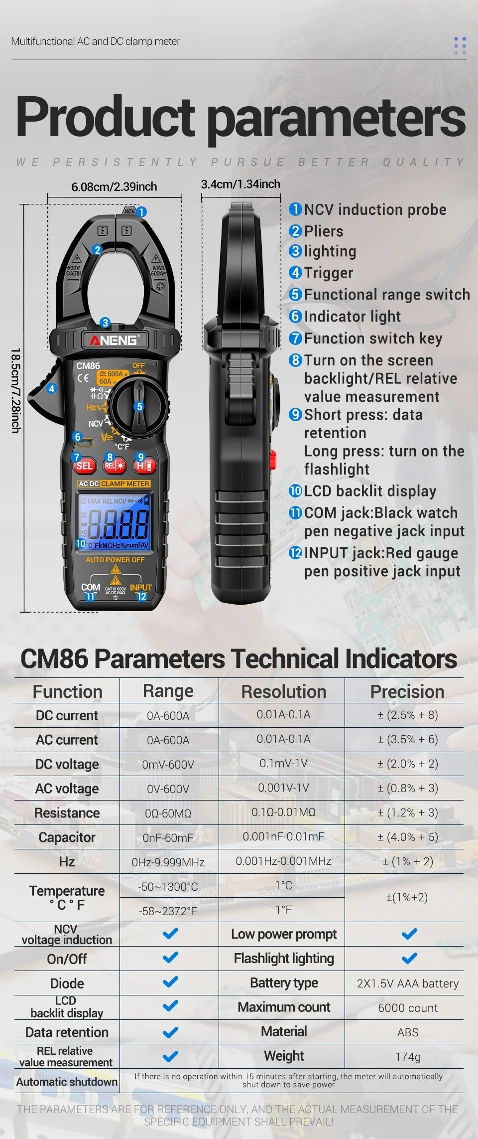ANENG CM86 Clamp Meter 600A AC/DC Voltage Diode Digital Multimeter NCV Voltage Detection Professional Electrician Tools