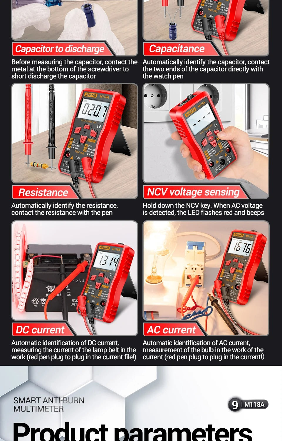 ANENG M118A Digital Mini Multimeter Tester 6000 Counts Mmultimetro True Rms Tranistor with NCV Data Hold Flashlight