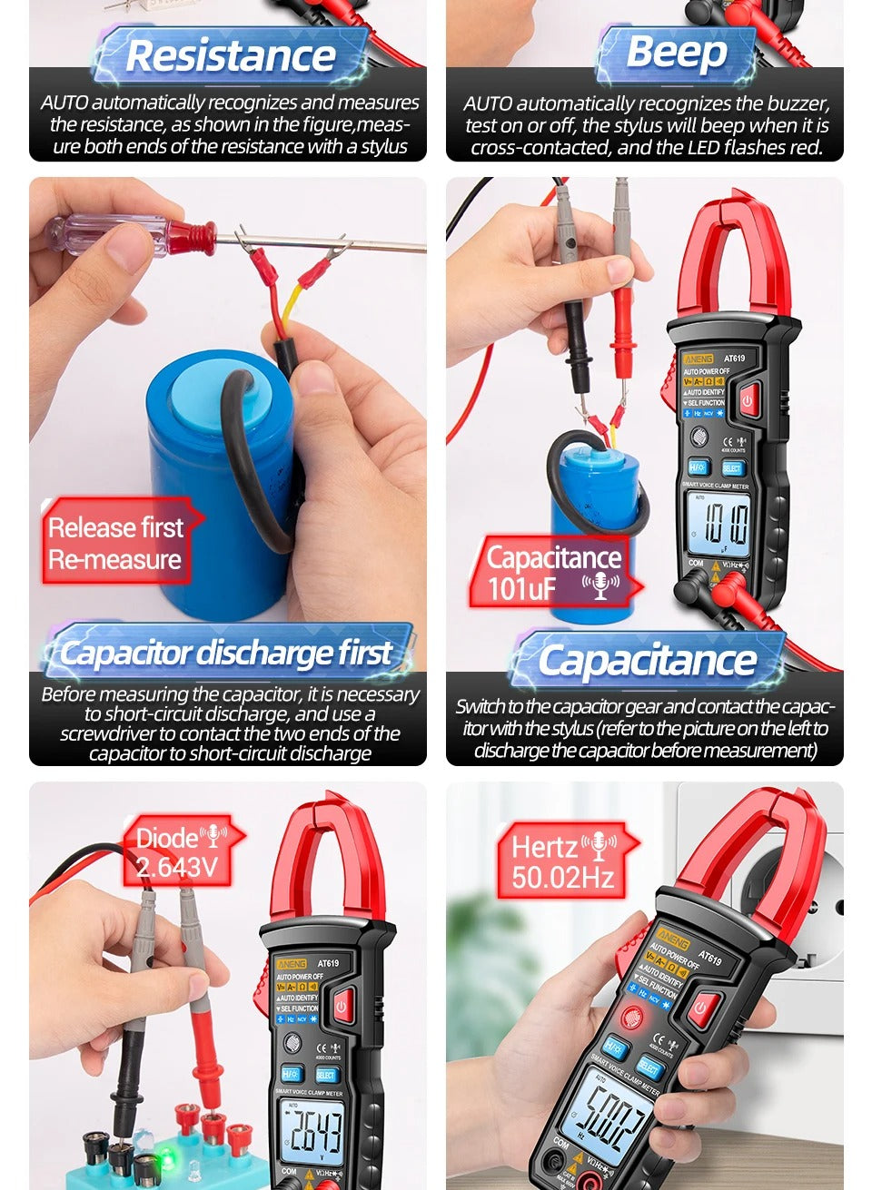 Aneng AT619 AC Voltage Meter, Current Tester Multimeter Ammeter Voltage Meter Car Capacitance Clamp Meter