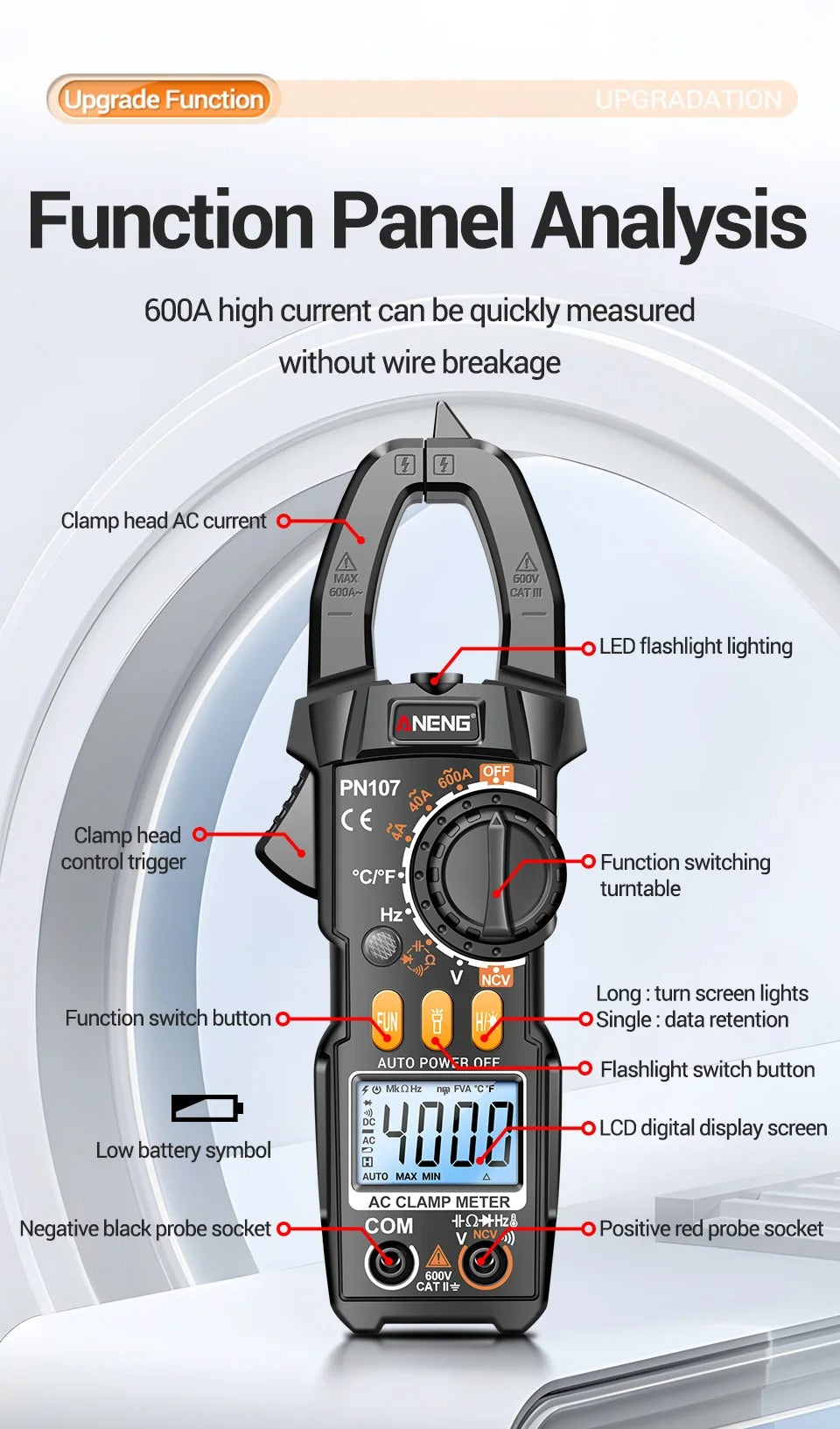 ANENG PN107 Digital Clamp Meter 600A AC Current Voltmeter Ammeter NCV Diode Temperature Frequency Professional Tool