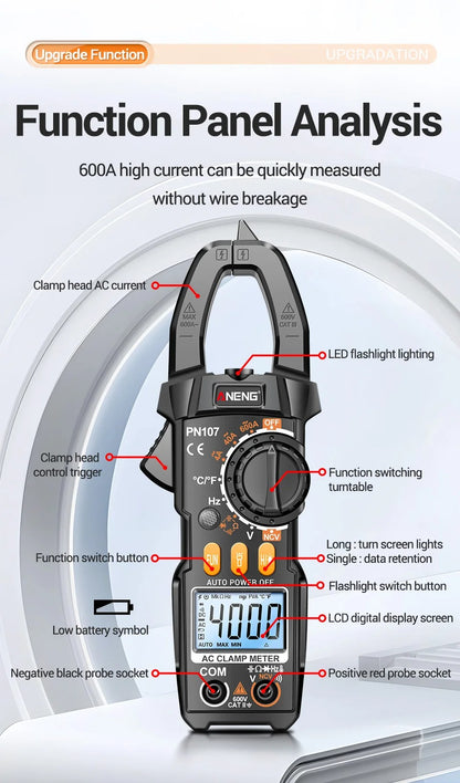 ANENG PN107 Digital Clamp Meter 600A AC Current Voltmeter Ammeter NCV Diode Temperature Frequency Professional Tool