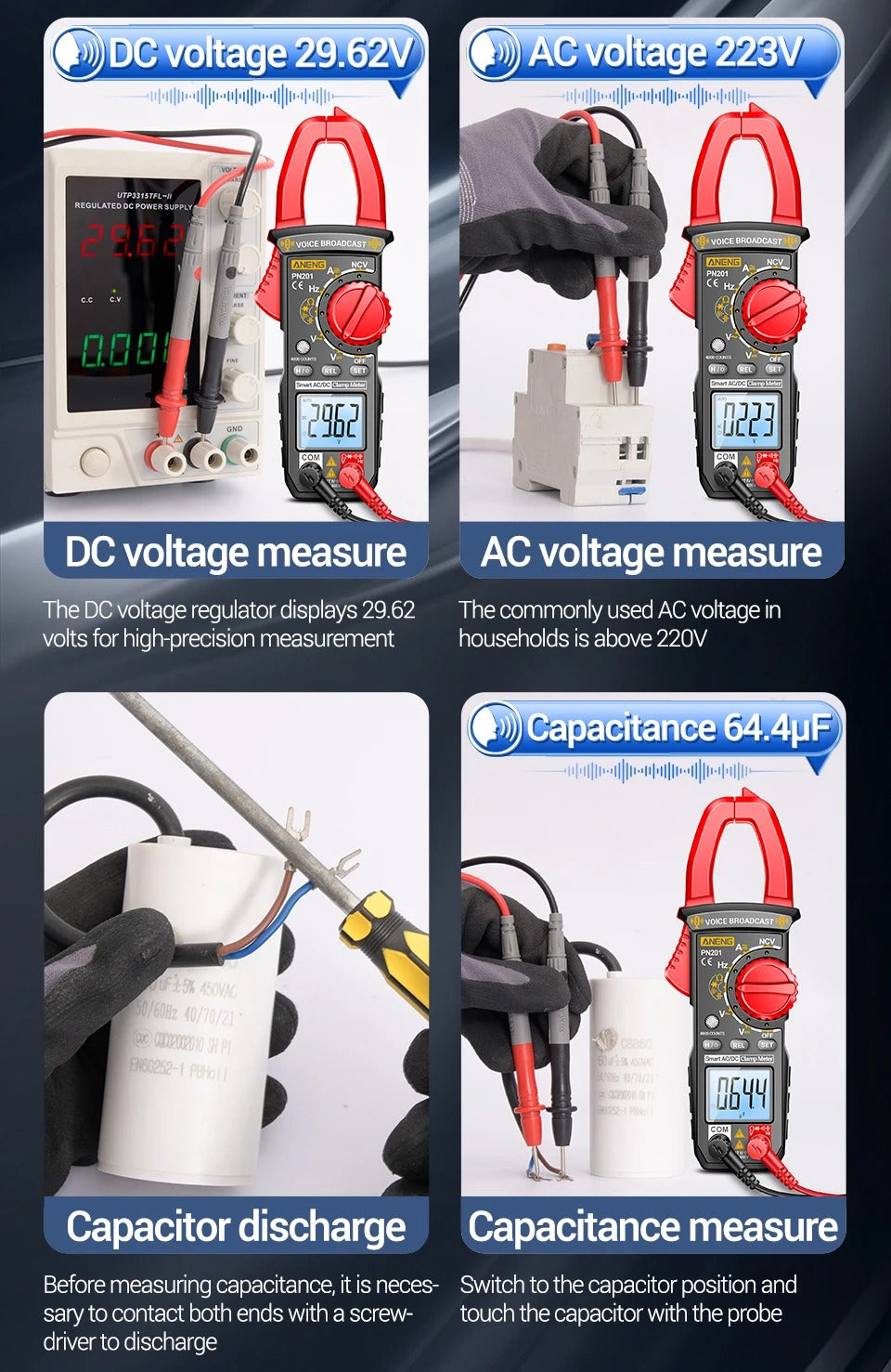 NENG PN201 Digital Clamp Meters Multimeter 4000 Counts DC/AC Current Voltage Tester Multimeter NCV Ohm Capacitance Test Tool