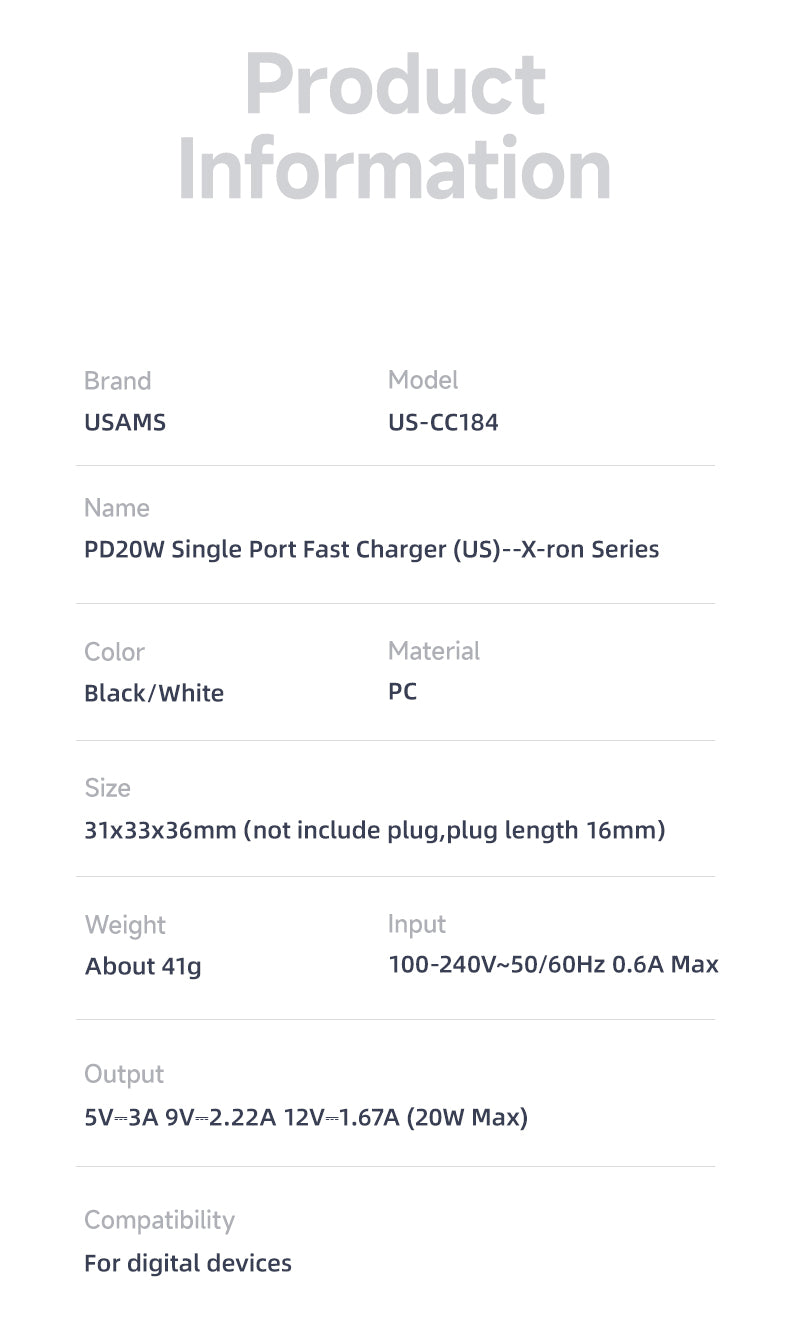 USAMS PD20W/30W Type-C Fast Charger PD3.0 QC4.0 2 Pin US Plug