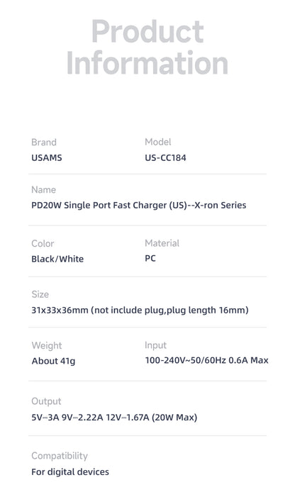 USAMS PD20W/30W Type-C Fast Charger PD3.0 QC4.0 2 Pin US Plug