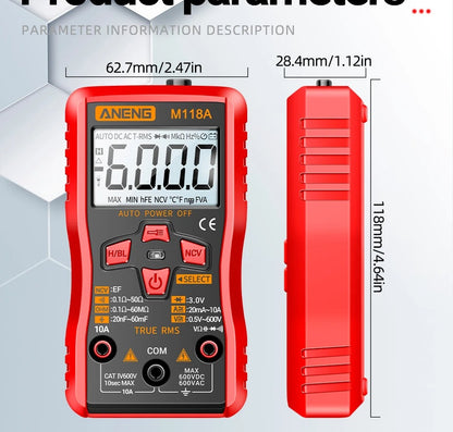 ANENG M118A Digital Mini Multimeter Tester 6000 Counts Mmultimetro True Rms Tranistor with NCV Data Hold Flashlight