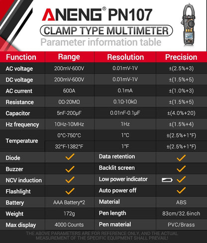 ANENG PN107 Digital Clamp Meter 600A AC Current Voltmeter Ammeter NCV Diode Temperature Frequency Professional Tool