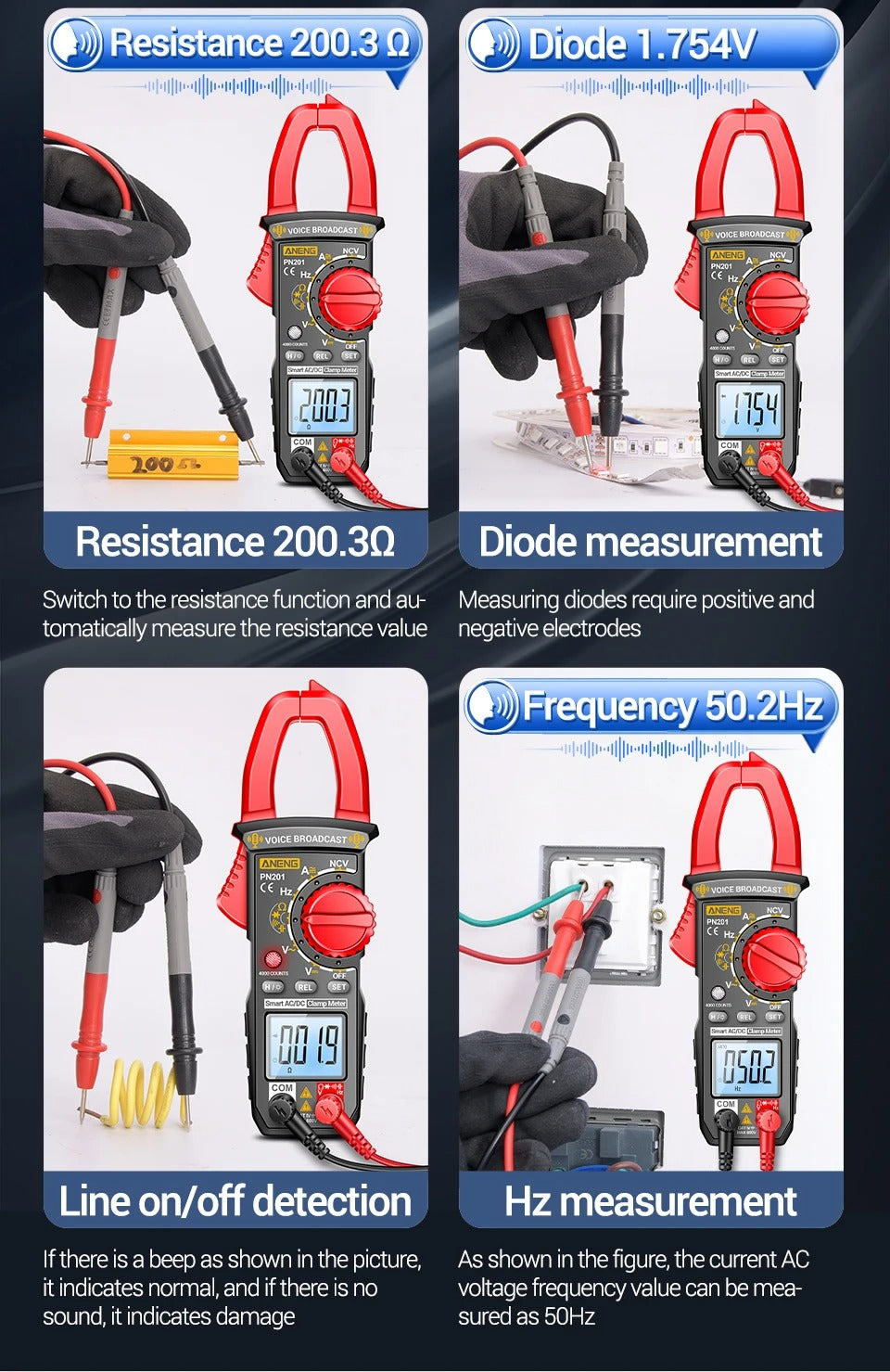 NENG PN201 Digital Clamp Meters Multimeter 4000 Counts DC/AC Current Voltage Tester Multimeter NCV Ohm Capacitance Test Tool