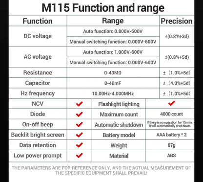 ANENG M115 MINI DIGITAL MULTIMETER 4000 Counts DC/AC Voltage Smart Multimetro OHM NCV Resistance Electrician TestTools