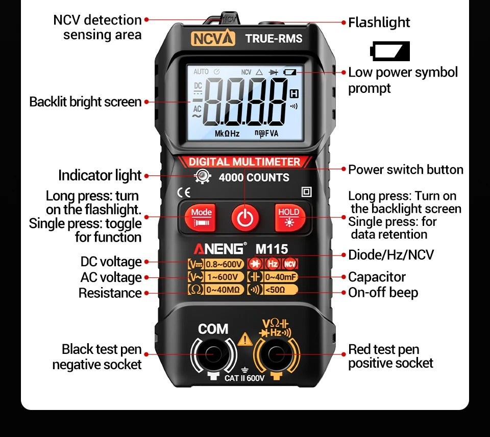 ANENG M115 MINI DIGITAL MULTIMETER 4000 Counts DC/AC Voltage Smart Multimetro OHM NCV Resistance Electrician TestTools