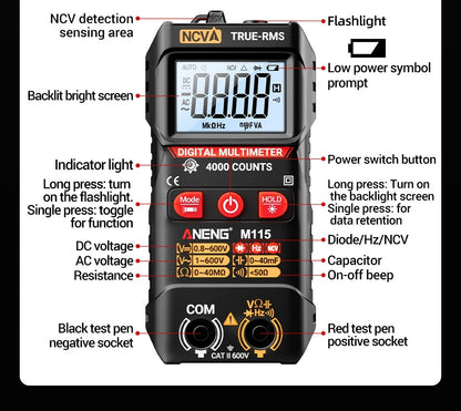 ANENG M115 MINI DIGITAL MULTIMETER 4000 Counts DC/AC Voltage Smart Multimetro OHM NCV Resistance Electrician TestTools