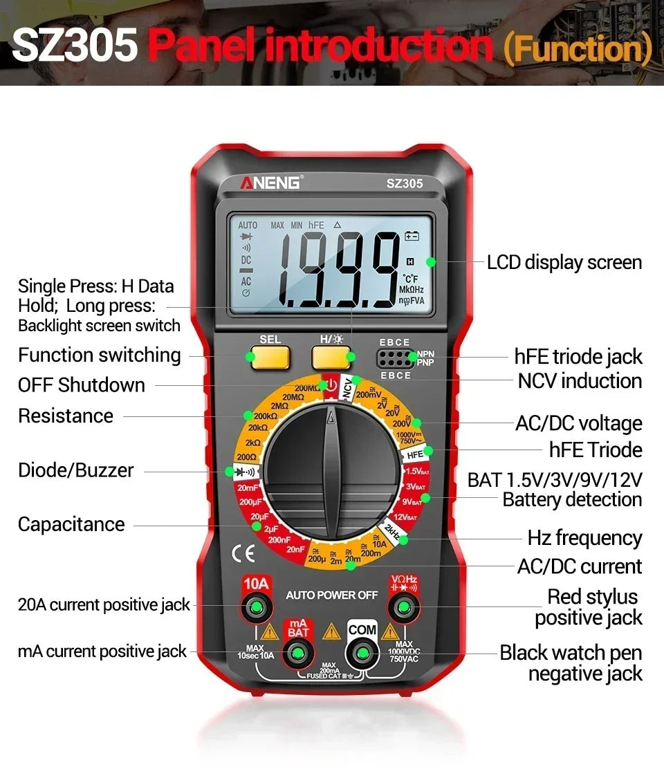 ANENG SZ305 Professional Multimeter 1999 Counts AC/DC Voltage Tester Ammeter Capacitor hFE Triode Hz Detector Electrician Tools