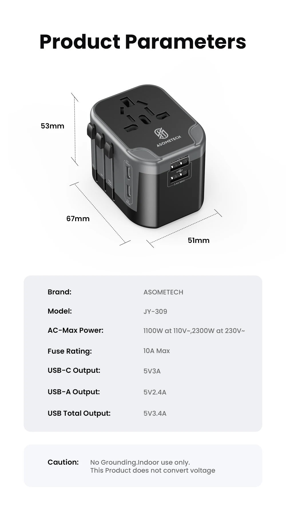 Asometech Universal Traveling Charger Adaptor 2 USB Port & 2 Type C Port All-in-one Wall Charger for US EU UK AUS TRAVEL With LED Light