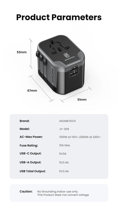 Asometech Universal Traveling Charger Adaptor 2 USB Port & 2 Type C Port All-in-one Wall Charger for US EU UK AUS TRAVEL With LED Light