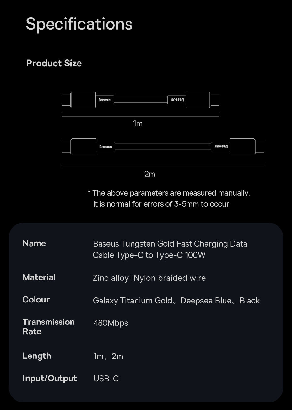 Baseus Tungsten Gold Fast Charging Data Cable 100W