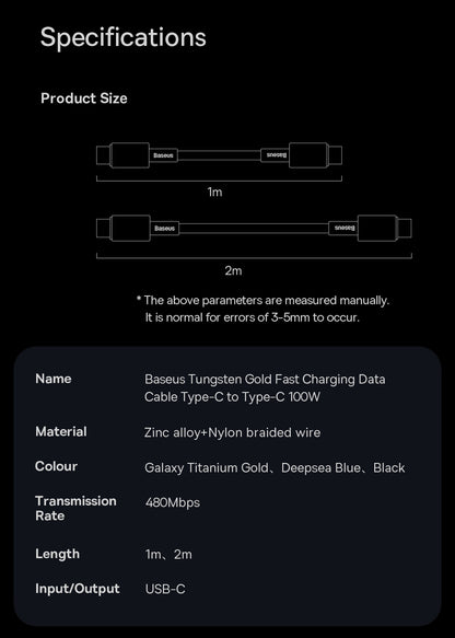 Baseus Tungsten Gold Fast Charging Data Cable 100W