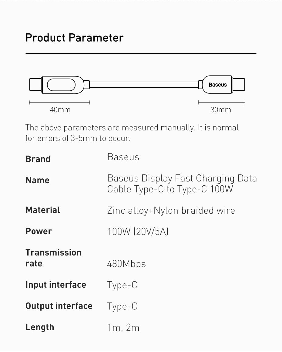 Baseus PD 100W USB C Cable Fast Charging Type C Cable