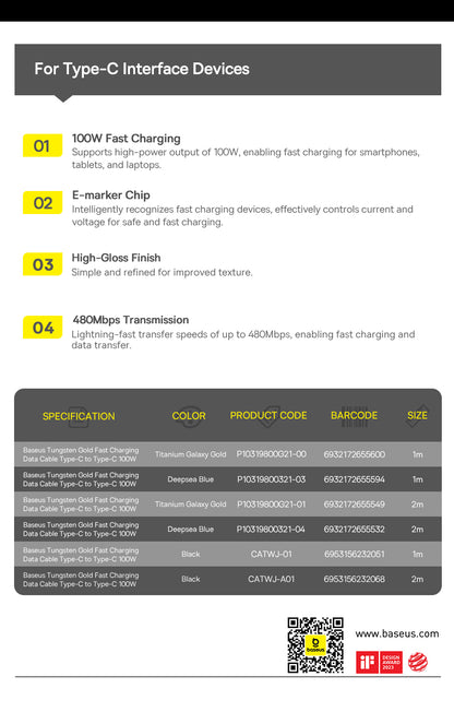 Baseus Tungsten Gold Fast Charging Data Cable 100W