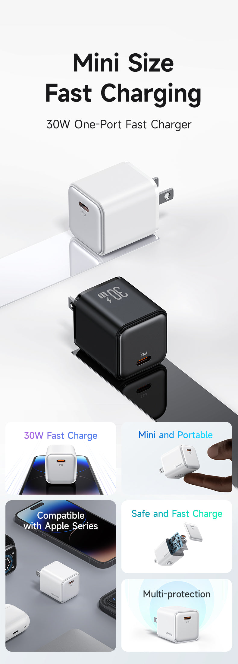 USAMS PD20W/30W Type-C Fast Charger PD3.0 QC4.0 2 Pin US Plug