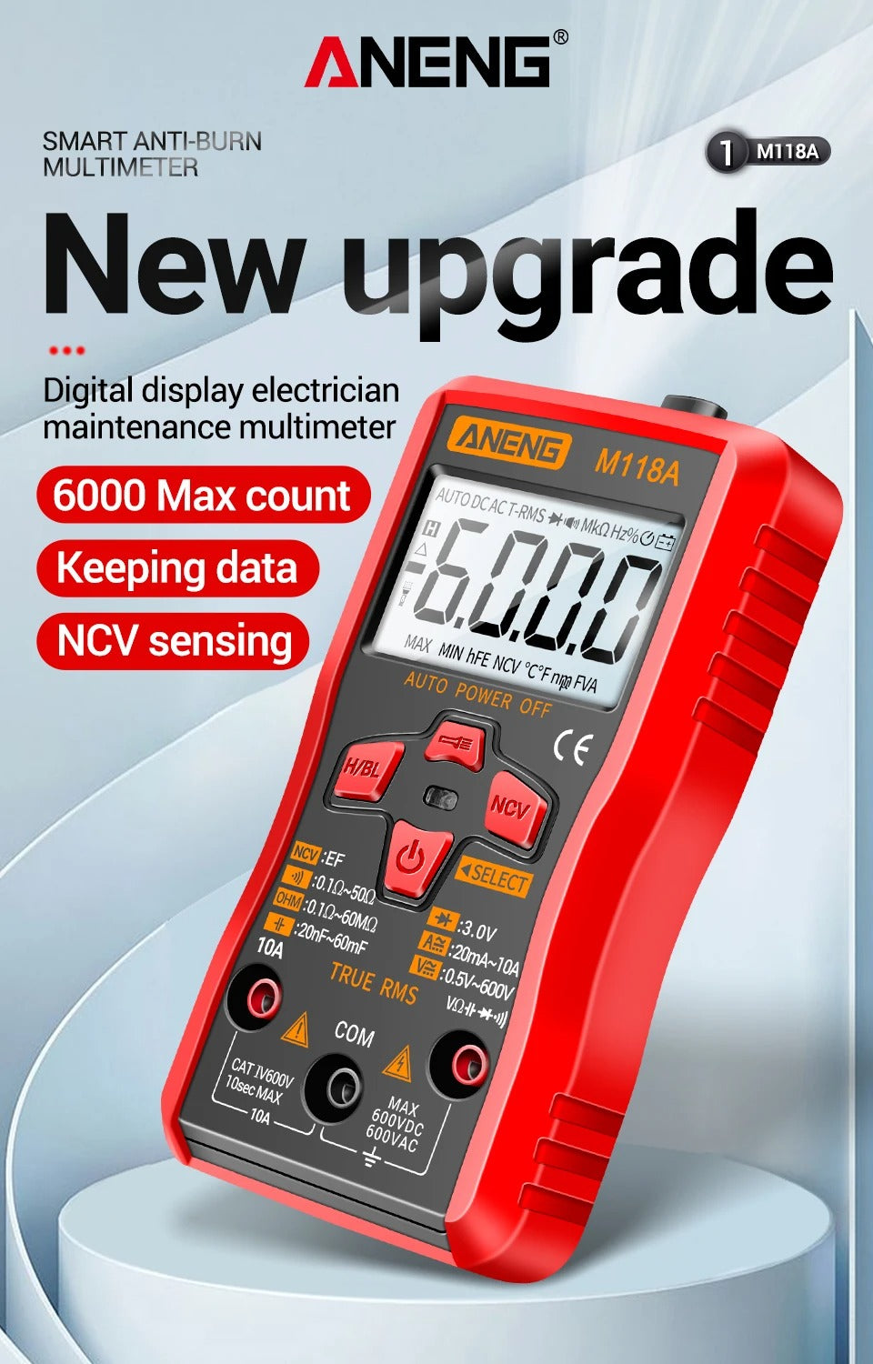 ANENG M118A Digital Mini Multimeter Tester 6000 Counts Mmultimetro True Rms Tranistor with NCV Data Hold Flashlight