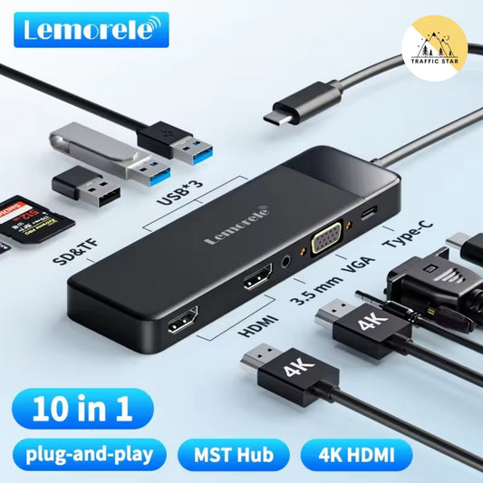 Lemorele USB-C Dock 10 Ports USB Type C to Dual HDMI 4K 30Hz VGA USB 3.0 Adapter PD100W SD Card Reader for MacBook