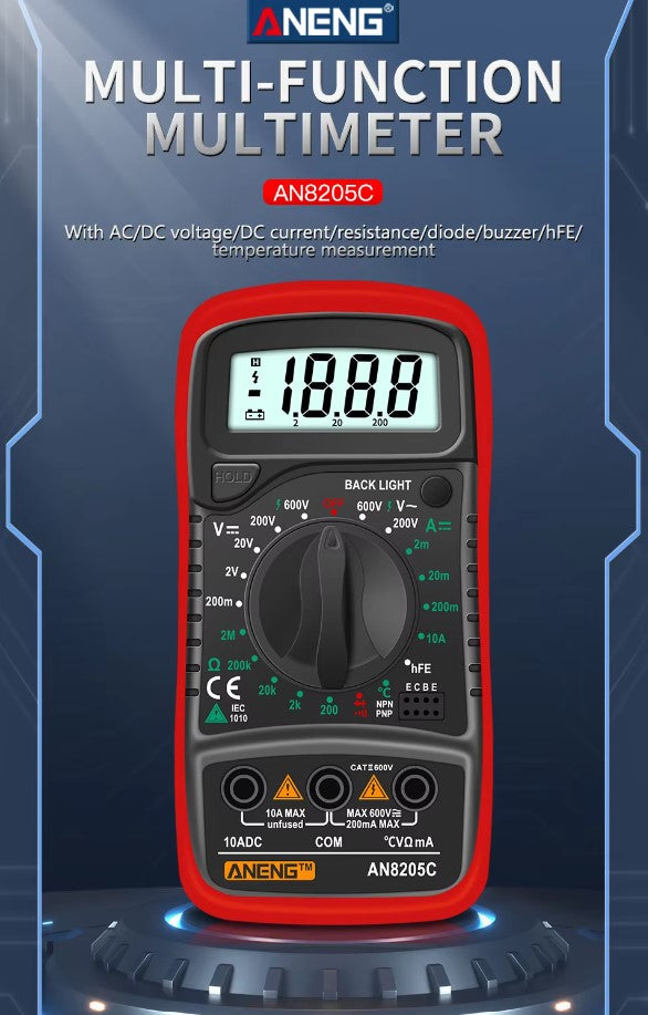 Aneng AN8205C Digital Multimeter AC/DC Ammeter Volt Ohm Multimeter Tester with LCD Backlight Portable