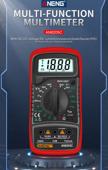 Aneng AN8205C Digital Multimeter AC/DC Ammeter Volt Ohm Multimeter Tester with LCD Backlight Portable