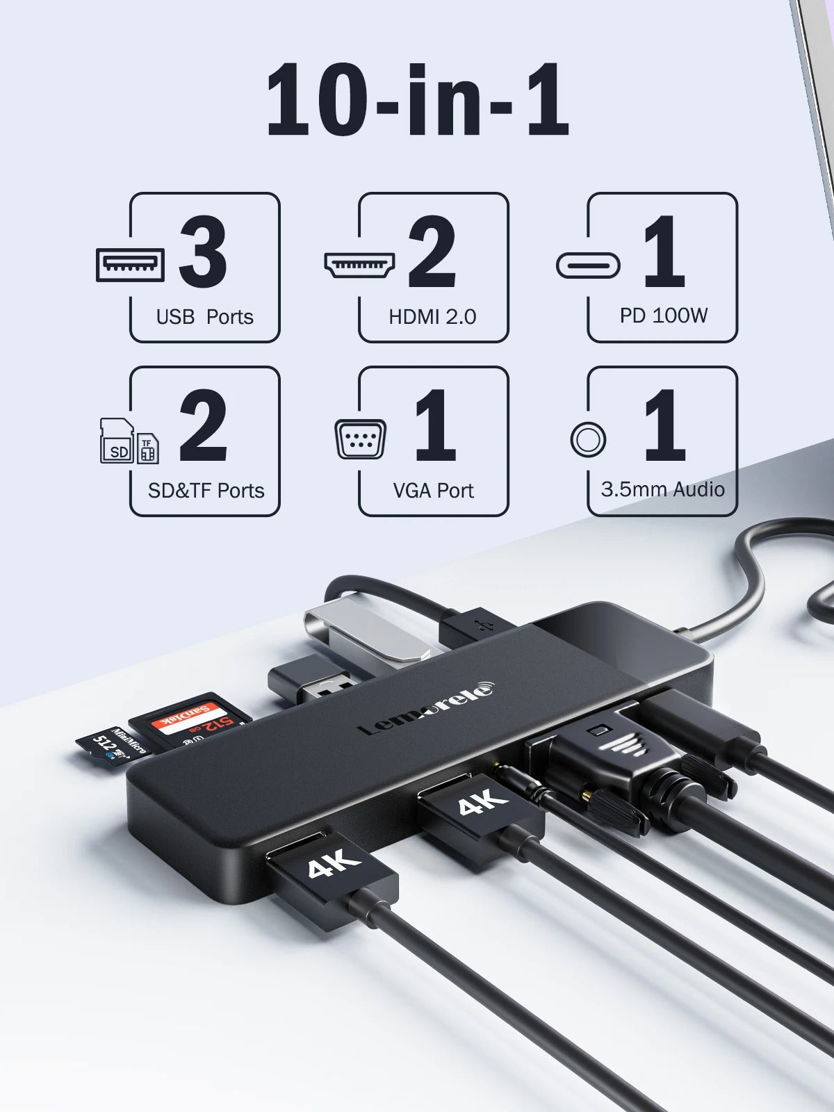 Lemorele USB-C Dock 10 Ports USB Type C to Dual HDMI 4K 30Hz VGA USB 3.0 Adapter PD100W SD Card Reader for MacBook