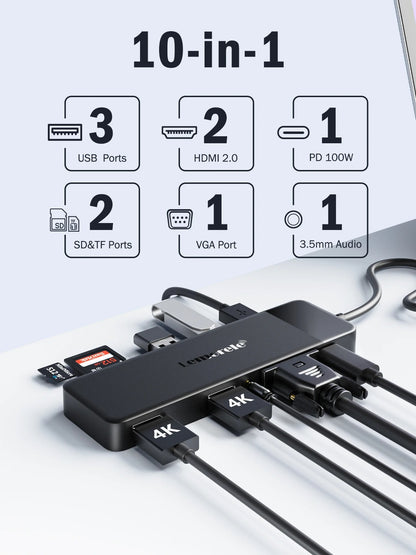 Lemorele USB-C Dock 10 Ports USB Type C to Dual HDMI 4K 30Hz VGA USB 3.0 Adapter PD100W SD Card Reader for MacBook