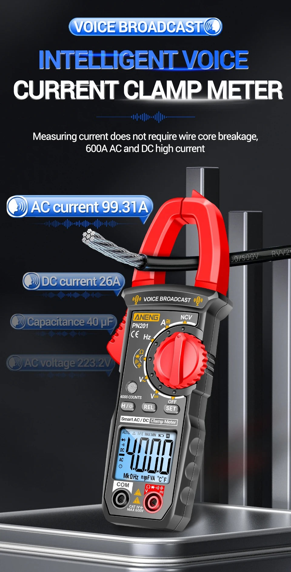 NENG PN201 Digital Clamp Meters Multimeter 4000 Counts DC/AC Current Voltage Tester Multimeter NCV Ohm Capacitance Test Tool