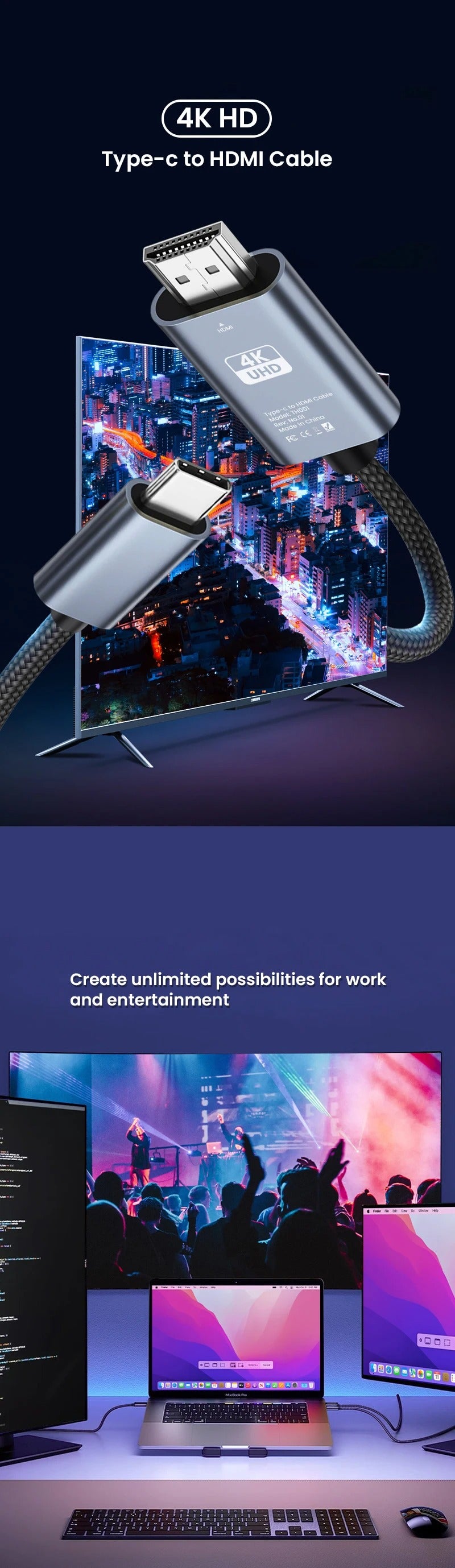 USB C TO HDMI Male-Male Cable 2meter 4K 60Hz Type-C TO HDMI-Compatible Ultra High Speed Adapter Cable