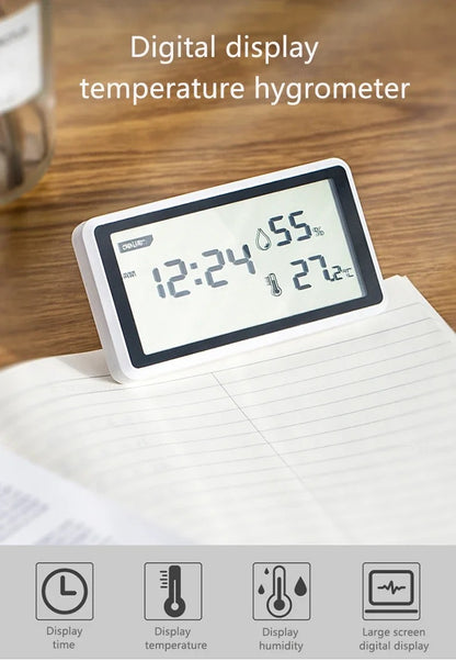 Deli Electronic Thermometer Hygrometer High Precision Weather Station with Clock Function Desktop Digital Thermometer