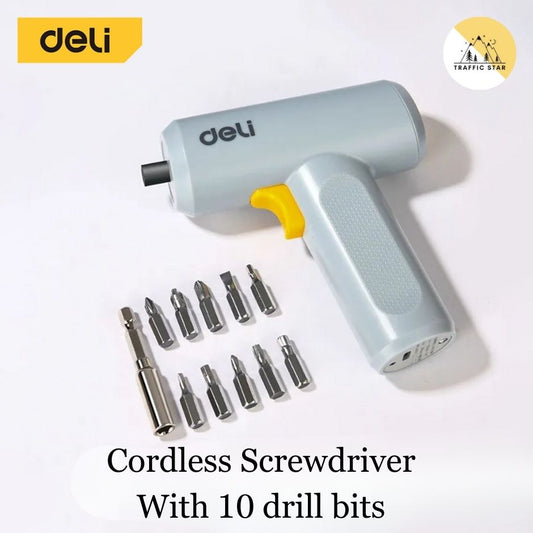 Deli screwdriver drill, screwdriver with 10 drill bits, has LED lights